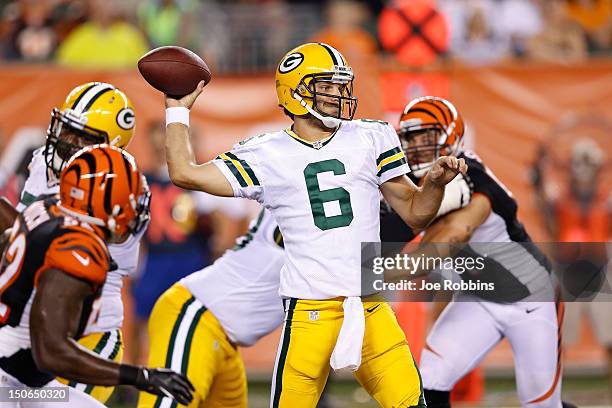 Graham Harrell of the Green Bay Packers passes the football against the Cincinnati Bengals during a preseason NFL game at Paul Brown Stadium on...