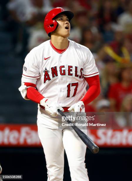 Shohei Ohtani of the Los Angeles Angels hits a home run against the Arizona Diamondbacks in the sixth inning at Angel Stadium of Anaheim on June 30,...