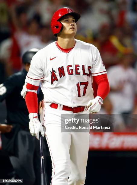 Shohei Ohtani of the Los Angeles Angels hits a home run against the Arizona Diamondbacks in the sixth inning at Angel Stadium of Anaheim on June 30,...