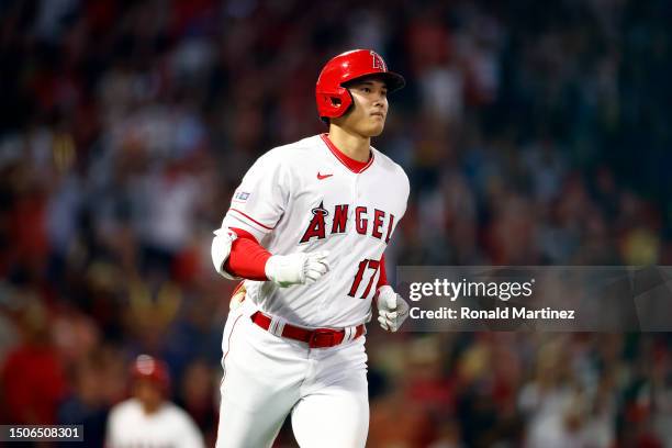 Shohei Ohtani of the Los Angeles Angels hits a home run against the Arizona Diamondbacks in the sixth inning at Angel Stadium of Anaheim on June 30,...