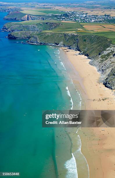 aerial view of watergate bay - watergate stock pictures, royalty-free photos & images