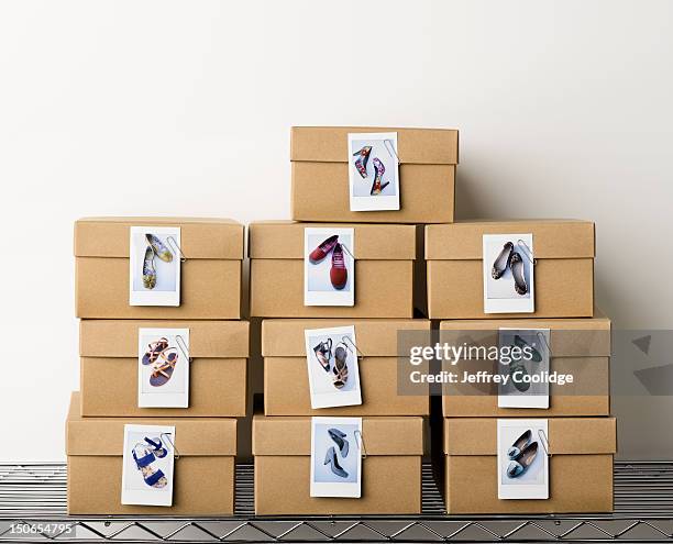 shoe boxes with photos - shoe boxes stock pictures, royalty-free photos & images
