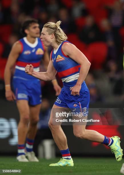 Cody Weightman of the Bulldogs celebrates after scoring a goal during the round 16 AFL match between Western Bulldogs and Fremantle Dockers at Marvel...