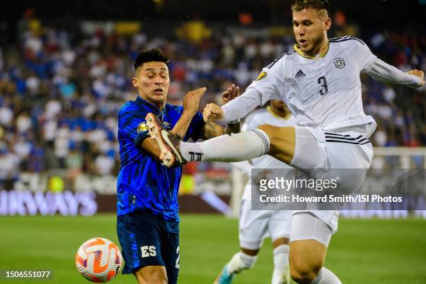 Juan Pablo Vargas of Costa Rica clears a ball during the first half of a 2023 Concacaf Gold Cup Group C match against El Salvador at Red Bull Arena...