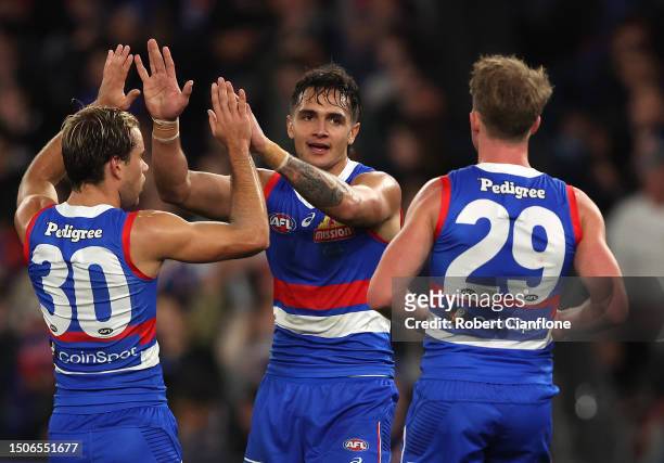 Jamarra Ugle-Hagan of the Bulldogs celebrates after scoring a goal during the round 16 AFL match between Western Bulldogs and Fremantle Dockers at...