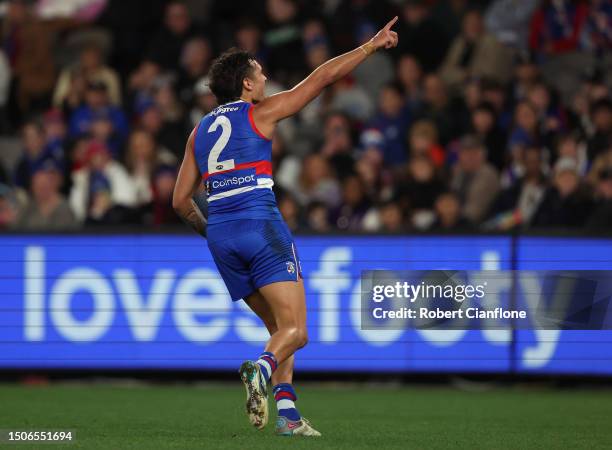 Jamarra Ugle-Hagan of the Bulldogs celebrates after scoring a goal during the round 16 AFL match between Western Bulldogs and Fremantle Dockers at...