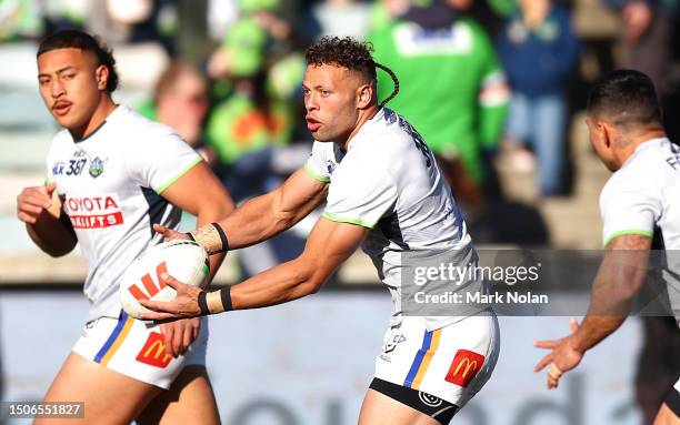 Sebastian Kris of the Raiders runs through drills before the round 18 NRL match between Canberra Raiders and Gold Coast Titans at GIO Stadium on July...