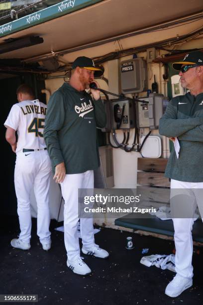 Pitching Coach Scott Emerson of the Oakland Athletics in the dugout during the game against the Tampa Bay Rays at RingCentral Coliseum on June 15,...