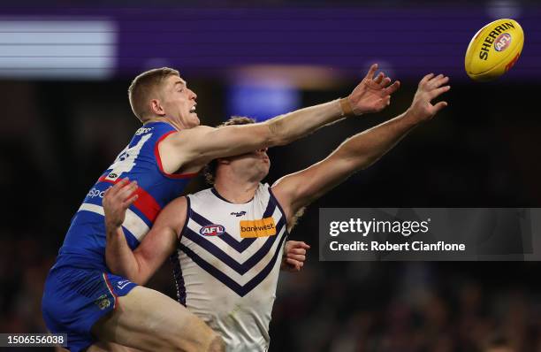 Tim English of the Bulldogs and Sean Darcy of the Dockers compete for the ball during the round 16 AFL match between Western Bulldogs and Fremantle...