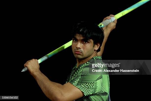 Neeraj Chopra of India competes in the Men's Javelin final during Athletissima, part of the 2023 Diamond League series at Stade Olympique de la...