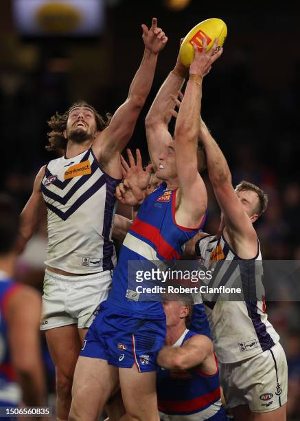 Tim English of the Bulldogs marks during the round 16 AFL match between Western Bulldogs and Fremantle Dockers at Marvel Stadium, on July 01 in...
