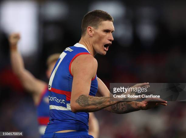 Rory Lobb of the Bulldogs celebrates after scoring a goal during the round 16 AFL match between Western Bulldogs and Fremantle Dockers at Marvel...