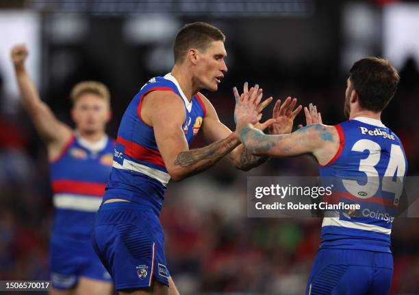 Rory Lobb of the Bulldogs celebrates after scoring a goal during the round 16 AFL match between Western Bulldogs and Fremantle Dockers at Marvel...