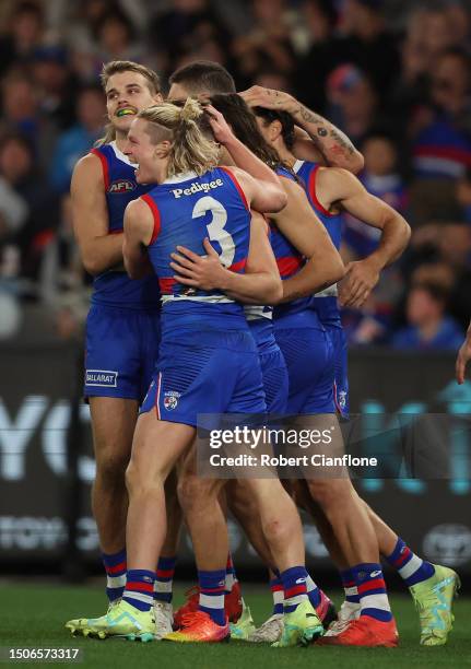 Cody Weightman of the Bulldogs celebrates after scoring a goal during the round 16 AFL match between Western Bulldogs and Fremantle Dockers at Marvel...