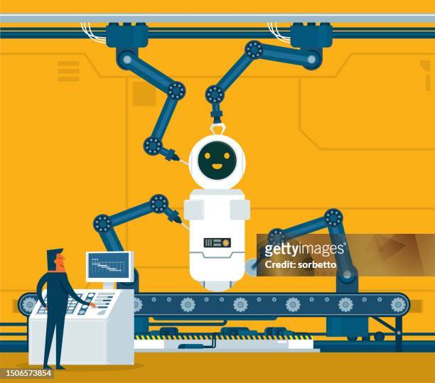 bildbanksillustrationer, clip art samt tecknat material och ikoner med robot assembling with robo-hand - manipulator role