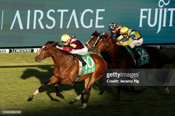 Chad Schofield riding Touristic wins Race 9 TAB during Sydney Racing at Rosehill Gardens on July 01, 2023 in Sydney, Australia.