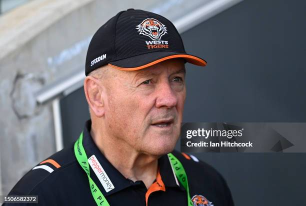 Tigers coach Tim Sheens looks on before the start of the round 18 NRL match between North Queensland Cowboys and Wests Tigers at Qld Country Bank...