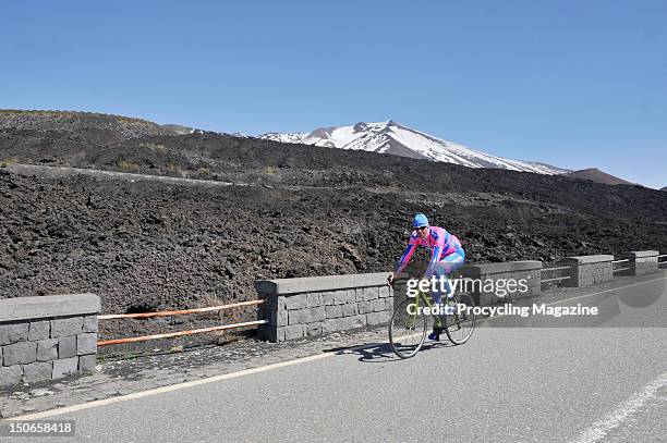 Alessandro Petacchi from Team Lampre, riding past Mount Etna, Italy, April 13, 2011.