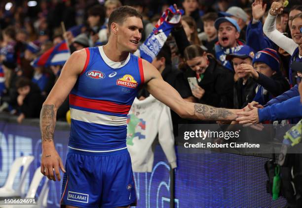 Rory Lobb of the Bulldogs celebrates after the Bulldogs defeated the Dockers during the round 16 AFL match between Western Bulldogs and Fremantle...