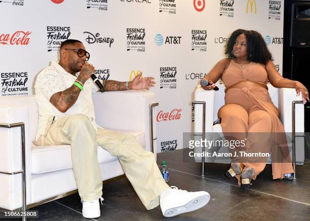 Maino and Rivea Ruff speak backstage during day 1 of the 2023 ESSENCE Festival Of Culture™ at Caesars Superdome on June 30, 2023 in New Orleans,...