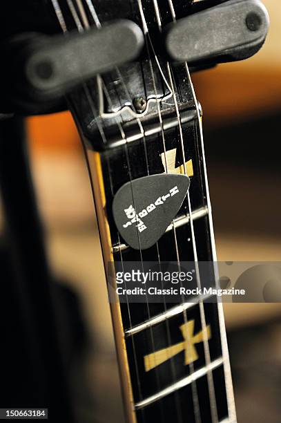 Close up of Tony Iommi's plectrum and guitar at the Rockfield Studios on July 25, 2007 in Monmouth.