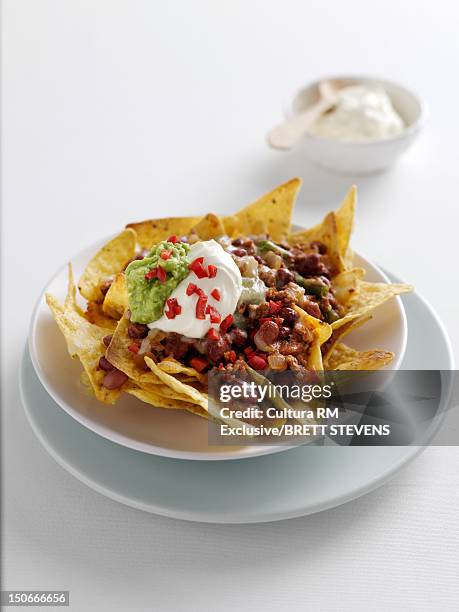 plate of nachos with sour cream - mexican food imagens e fotografias de stock