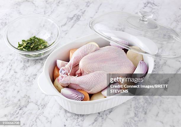 dish of raw chicken and vegetables - uncooked chicken photos et images de collection
