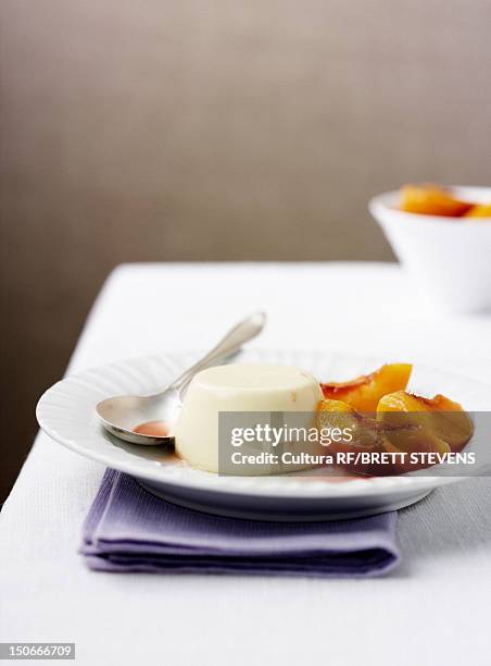 plate of panna cotta with fruit - panna cotta photos et images de collection
