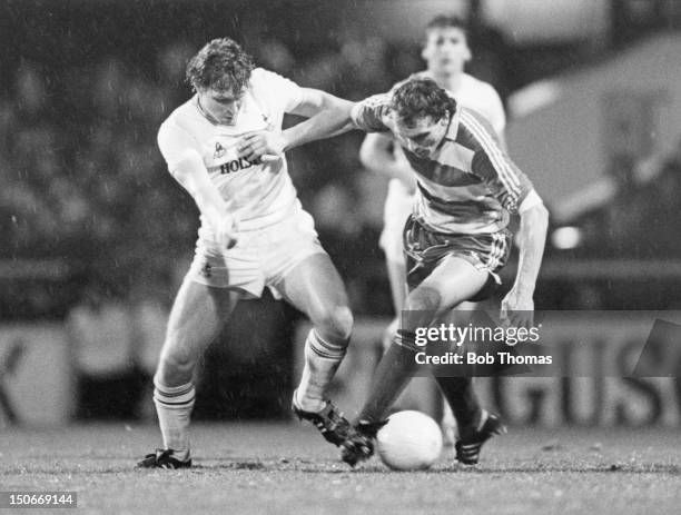 Clive Allen of Tottenham Hotspur competes for the ball with defender Jiri Ondra of FC Bohemians Praha, during the UEFA Cup 3rd round, first leg match...