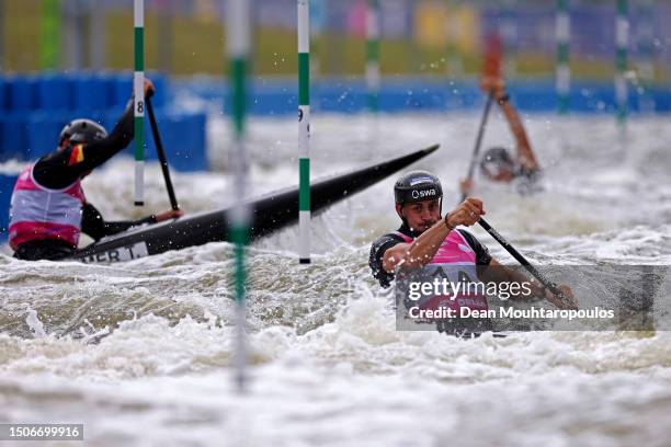 Sideris Tasiadis, Franz Anton and Timo Trummer of Germany compete in the Canoe Slalom - Men's Team Canoe Final during Day Eleven of the European...