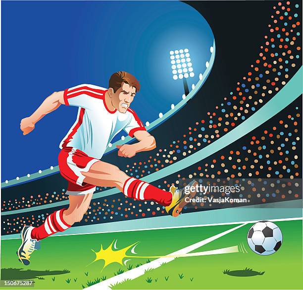 soccer player strikes the ball - international match stock illustrations