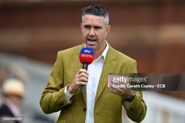Sky Sports commentator Kevin Pietersen during Day Three of the LV= Insurance Ashes 2nd Test match between England and Australia at Lord's Cricket...