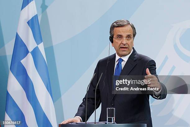 Greek Prime Minister Antonis Samaras speaks during a press statement at the Chancellery on August 24, 2012 in Berlin, Germany. Samaras met German...