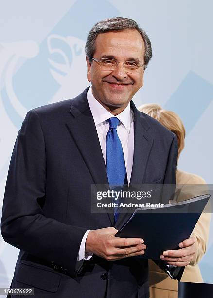 Greek Prime Minister Antonis Samaras speaks during a press statement at the Chancellery on August 24, 2012 in Berlin, Germany. Samaras met German...