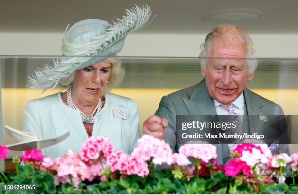 Queen Camilla and King Charles III cheer their horse 'Desert Hero' to victory in 'The King George V Stakes' as they attend day 3 'Ladies Day' of...