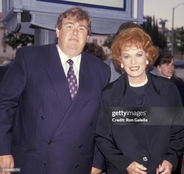 Actress Maureen O'Hara and actor John Candy attend the screening of "Only The Lonely" on May 21, 1991 at Avco Center Cinema in Westwood, California.