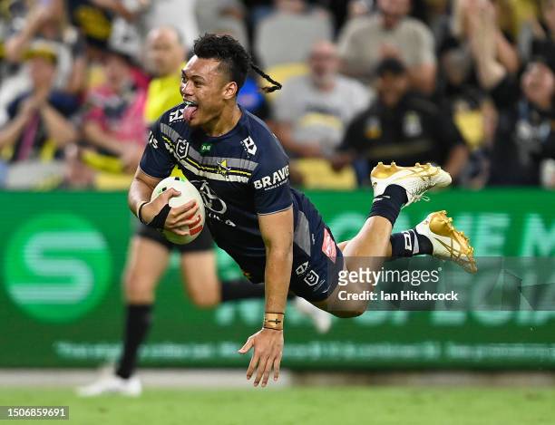 Jeremiah Nanai of the Cowboys scores a try during the round 18 NRL match between North Queensland Cowboys and Wests Tigers at Qld Country Bank...