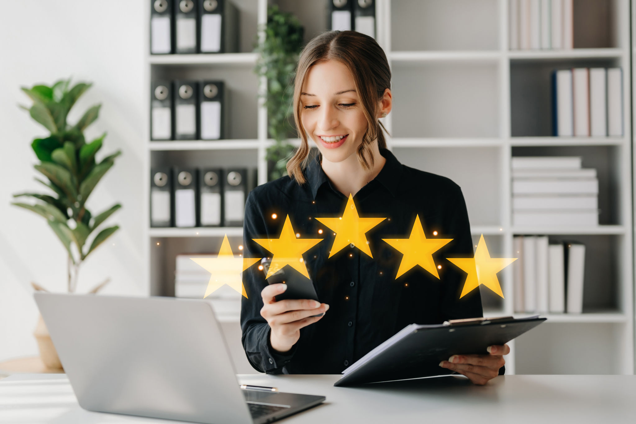 Customer or client the stars to complete five stars. with copy space. giving a five star rating. Service rating, satisfaction concept. in office Customer or client the stars to complete five stars. with copy space. giving a five star rating. Service rating, satisfaction concept. in office