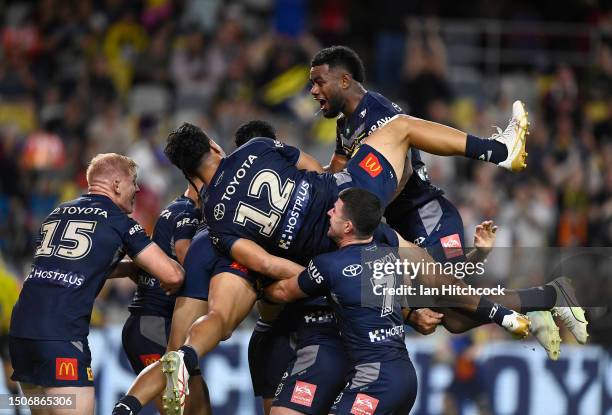 Jordan McLean of the Cowboys celebrates after scoring a try during the round 18 NRL match between North Queensland Cowboys and Wests Tigers at Qld...