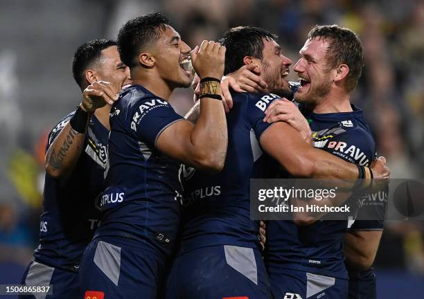 Jordan McLean of the Cowboys celebrates after scoring a try during the round 18 NRL match between North Queensland Cowboys and Wests Tigers at Qld...