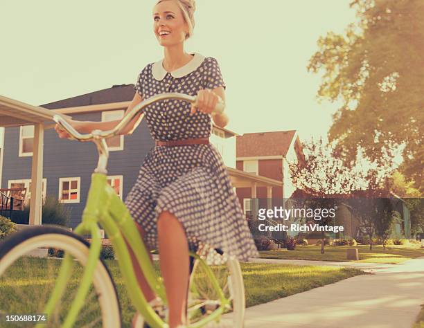 vintage bike ride - vintage dress stock pictures, royalty-free photos & images