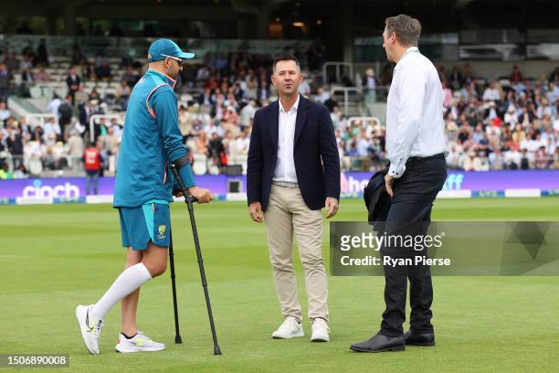Nathan Lyon of Australia, Ricky Ponting and Glenn McGrath chat prior to Day Four of the LV= Insurance Ashes 2nd Test match between England and...