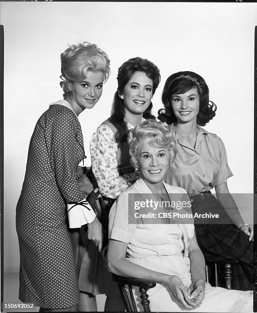 Cast members Meredith MacRae as Billie Jo Bradley, Linda Kaye as Betty Jo, Bea Benaderet and Lori Sanders as Bobbie Jo. Image Dated November 15, 1965.