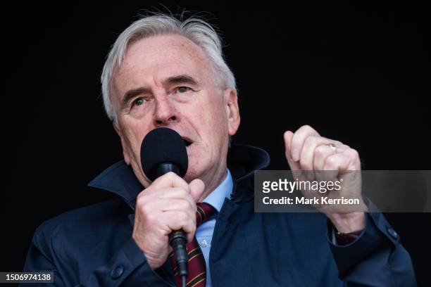 John McDonnell, Labour MP for Hayes and Harlington, addresses striking teachers in Parliament Square on 5 July 2023 in London, United Kingdom. NEU...