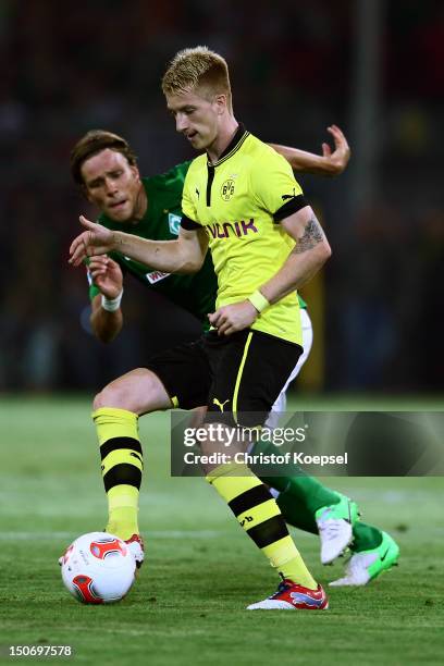 Clemens Fritz of Bremen challenges Marco Reus of Dortmund during the Bundesliga match between Borussia Dortmund and Werder Bremen at Signal Iduna...