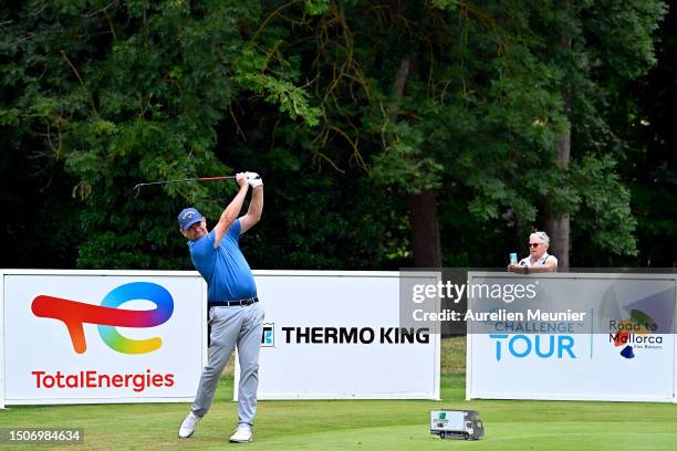 David Drysdale of Scotland plays his first shot on the 1st hole during Day Three of Le Vaudreuil Golf Challenge at Golf PGA France du Vaudreuil on...