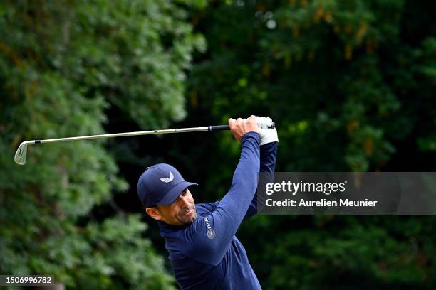 Lee Slattery of England plays his first shot on the 1st hole during Day Three of Le Vaudreuil Golf Challenge at Golf PGA France du Vaudreuil on July...