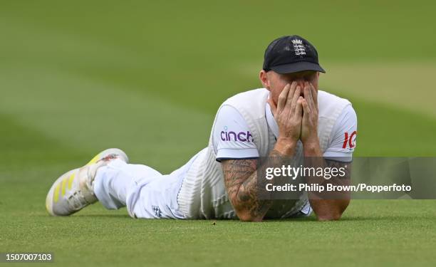 Ben Stokes of England reacts after a Steve Smith four during the fourth day of the 2nd Test match between England and Australia at Lord's Cricket...