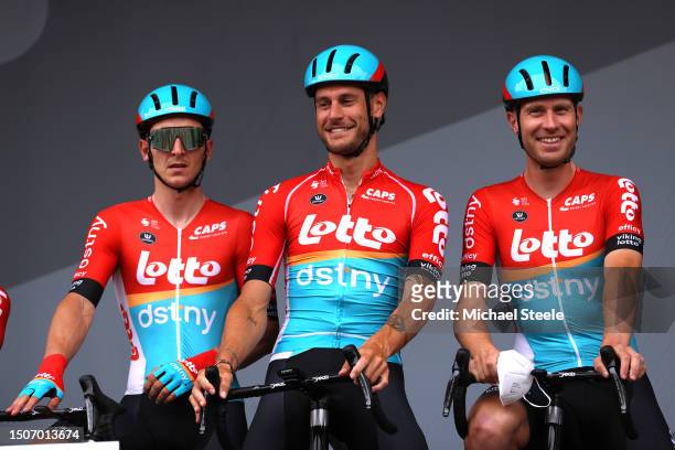 Jasper De Buyst of Belgium, Jacopo Guarnieri of Italy and Frederik Frison of Belgium and Team Lotto Dstny prior to the stage one of the 110th Tour de...