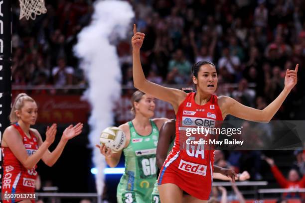 Sophie Fawns of the Swifts react after scoring a goal during the Super Netball Preliminary Final match between NSW Swifts and West Coast Fever at...